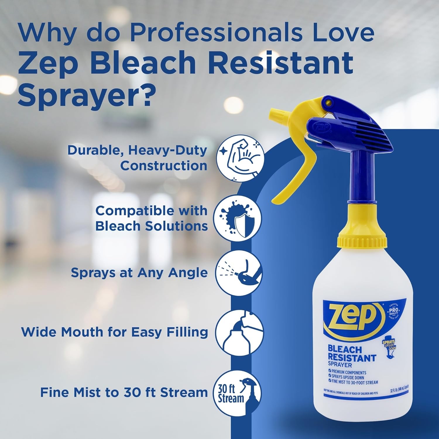 Zep Bleach Resistant Professional Spray Bottle 2.0 Bottle 32ozl, 30 Foot Spray