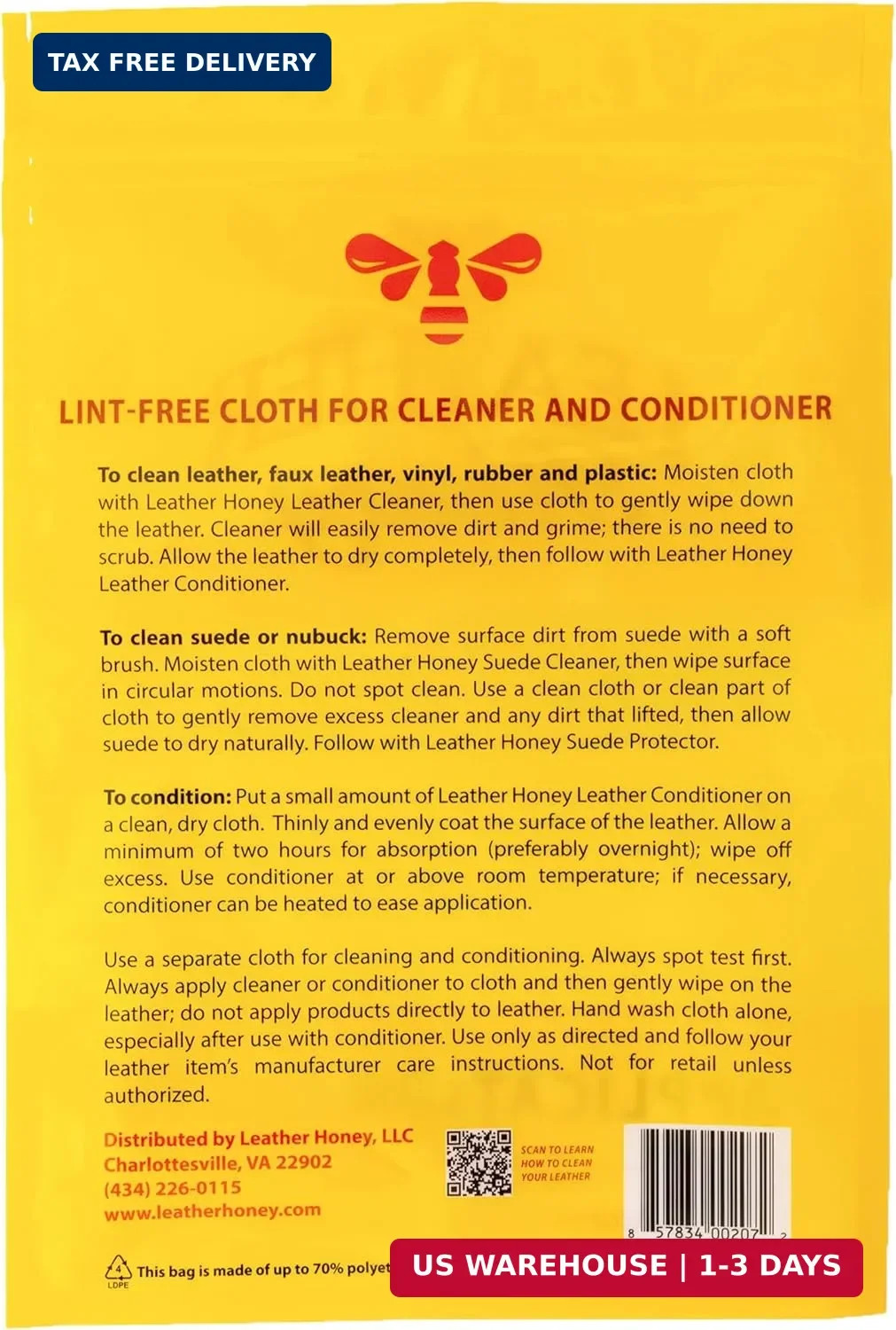 Leather Honey Lint-Free Application Cloth: Microfiber Cloth for Use with Leather