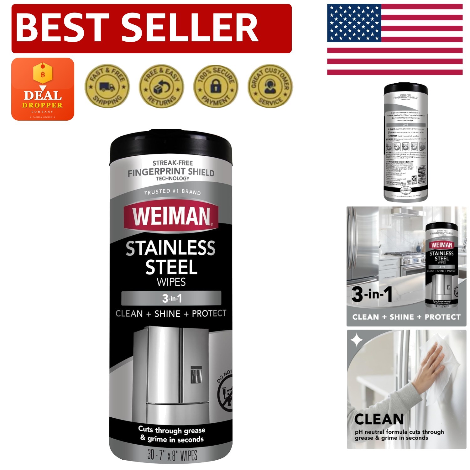 Stainless Steel Cleaning Wipes, 30 Count, Streak-Free Shine & Protective Coating