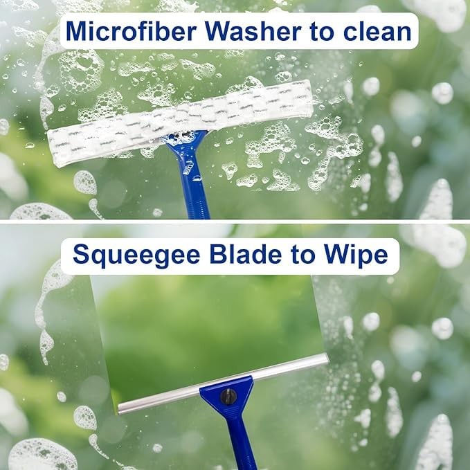 59″ Long Reach Window Squeegee with 14″ Double-Layer Blade & 2 Cloths – Stain…