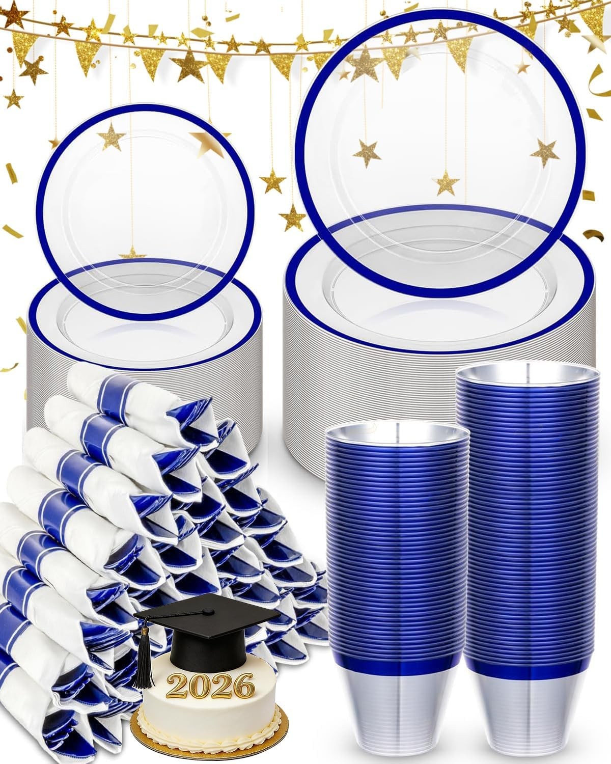 BESTVIP 350PCS Plastic Clear Blue Plates for Party, Disposable Dinnerware Set