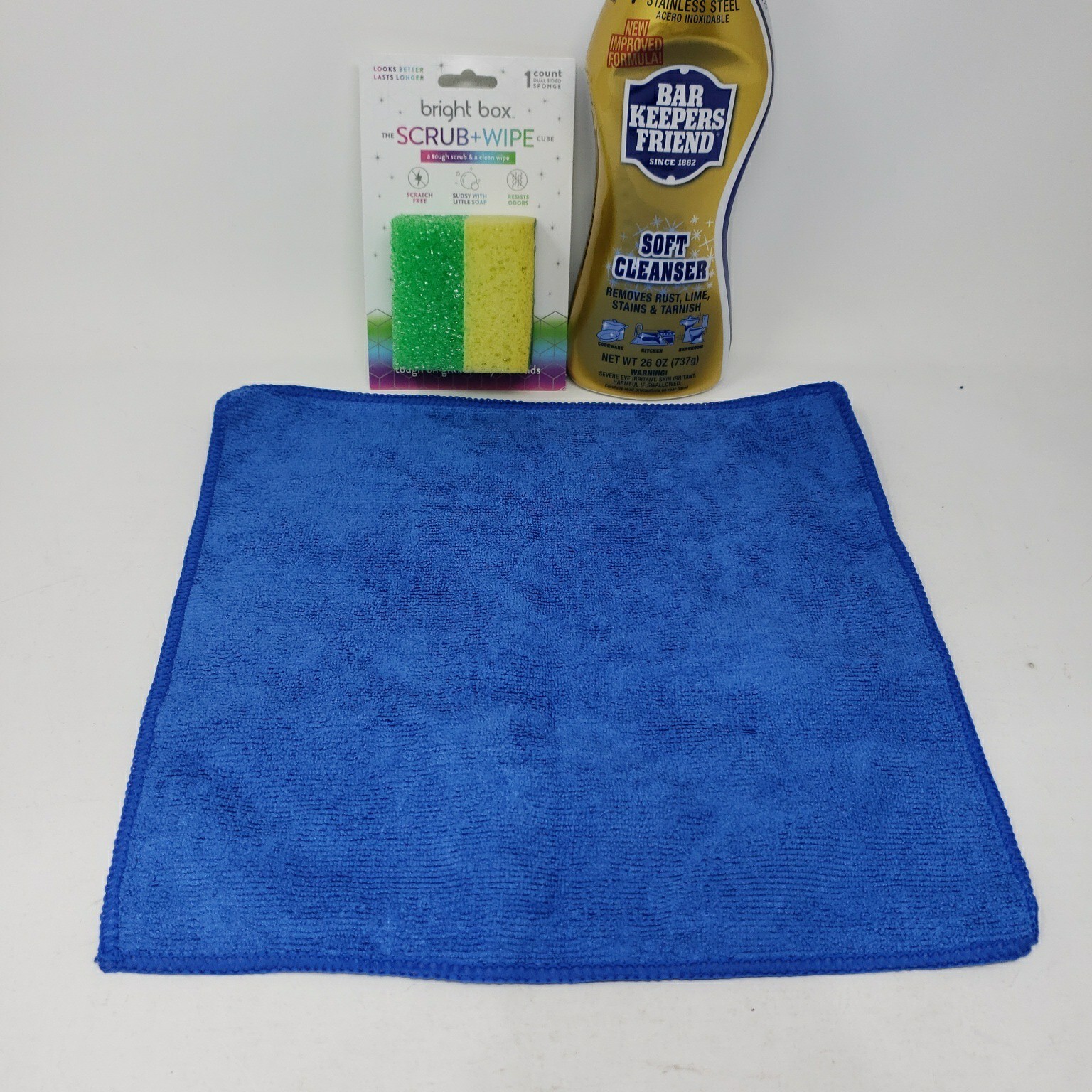 Bar Keepers Friend Soft Cleanser 26oz Bright Box Scrub Sponge & Microfiber Cloth