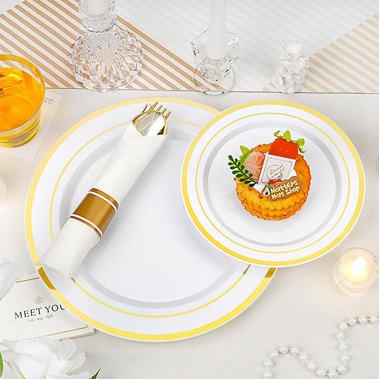 realluck 350 PCS White and Gold Plastic Dinnerware Set for 50 Guests, 100 Disp
