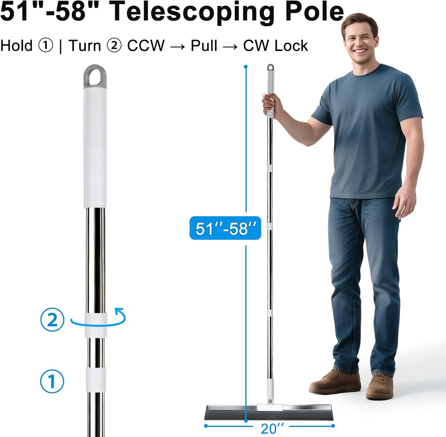 20” Large Floor Squeegee for Concrete Floor with 51”-58” Telescoping Stainles