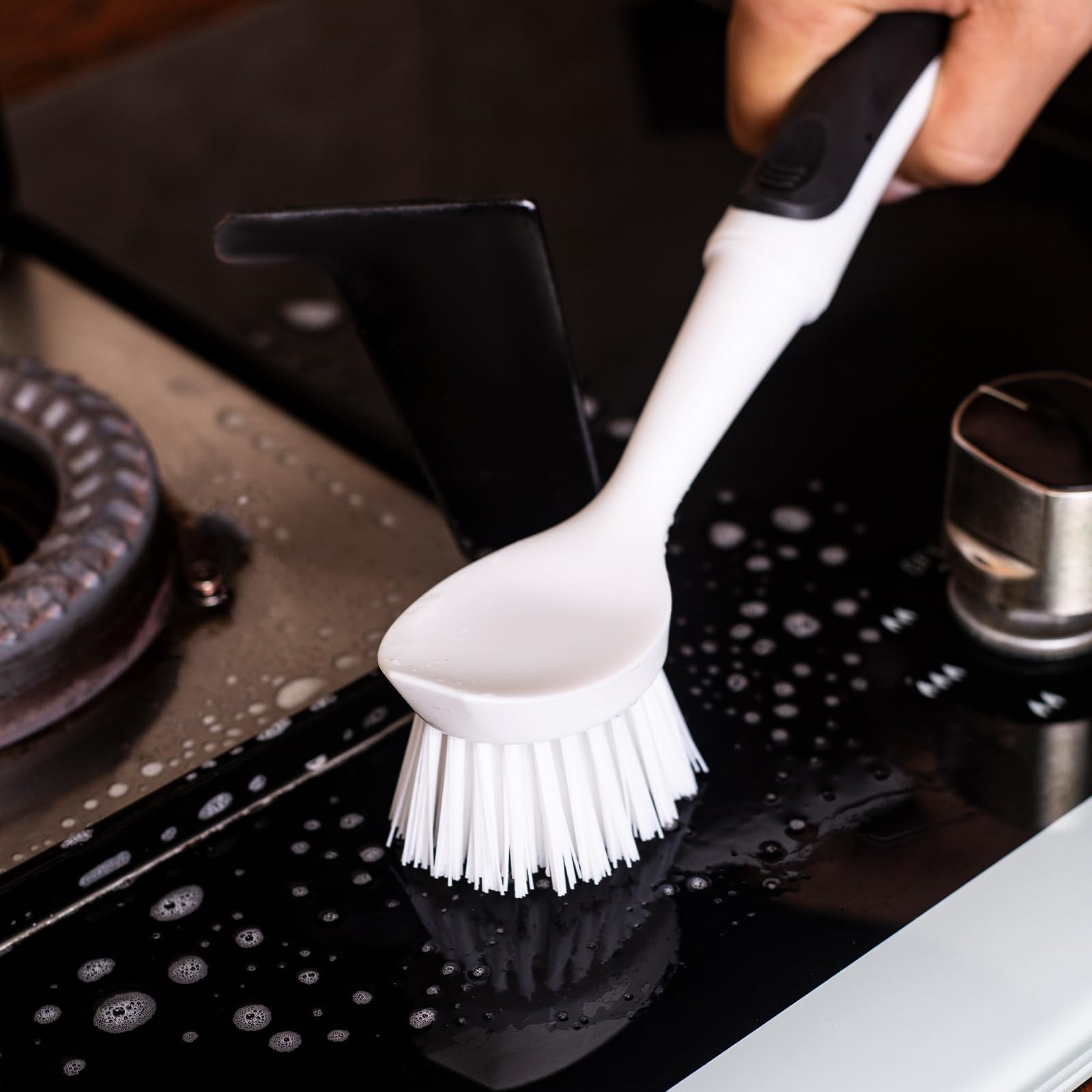 Dish Brush w/ Handle,Dish Scrub Brush with Built-in Scraper,Nylon Dish Scrubber