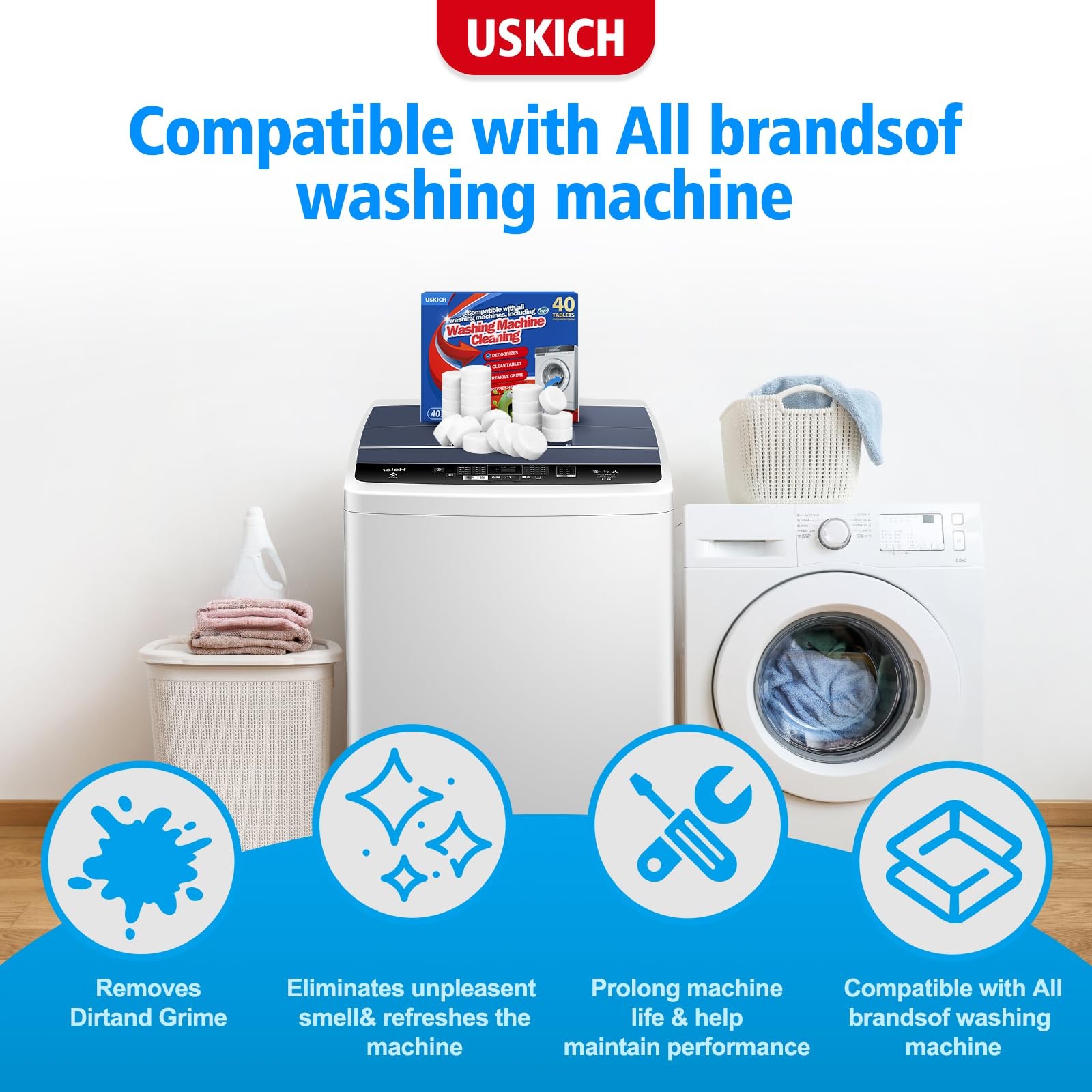 USKICH Washing Machine Cleaner Descaler 40 Pack-Deep Cleaning Tablets For HE