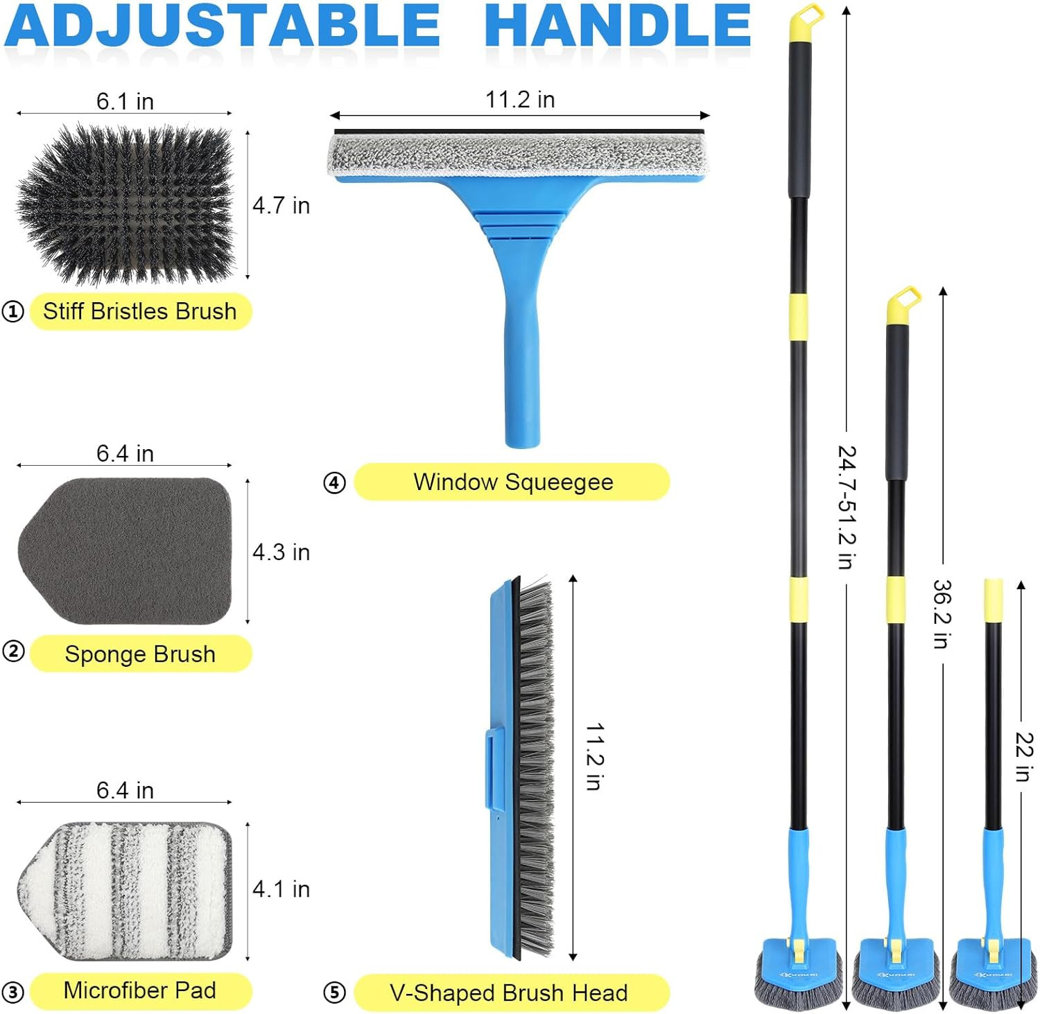 Tile Tub Scrubber Brush with 5 Different Function Cleaning Heads and 51″ Extenda