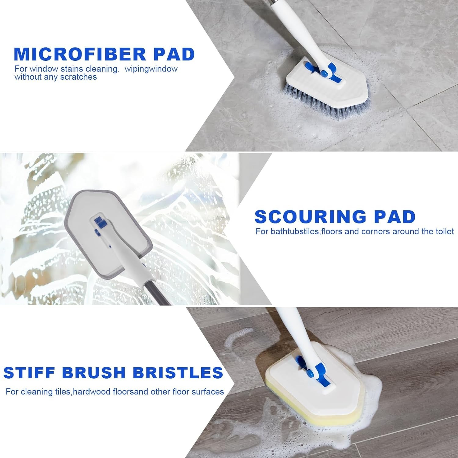 3-in-1 Tub Tile Scrubber Brush with Telescopic Pole & Pads for Bathroom, Sink