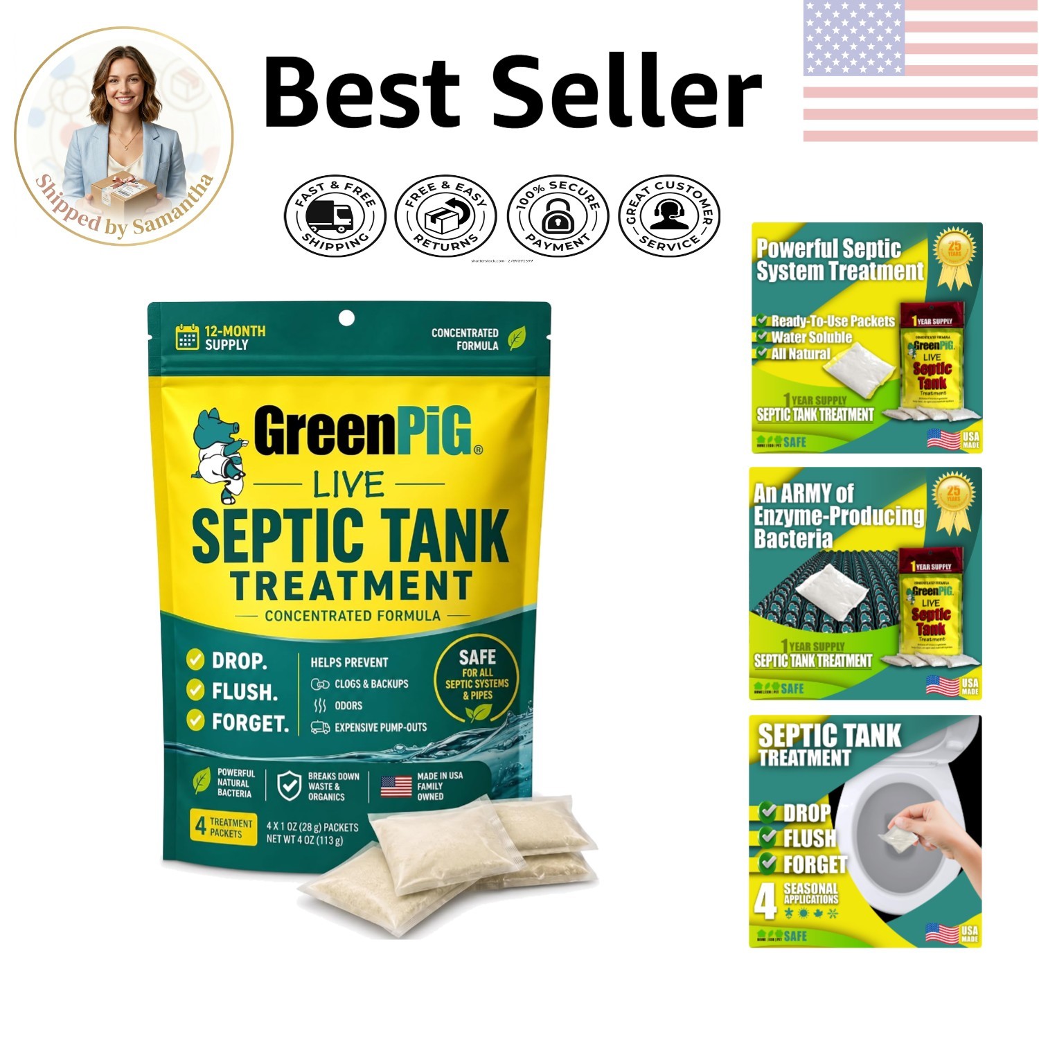 Septic Tank Treatment Packets – 1- Supply of 4 Enzyme Packets for Clogs