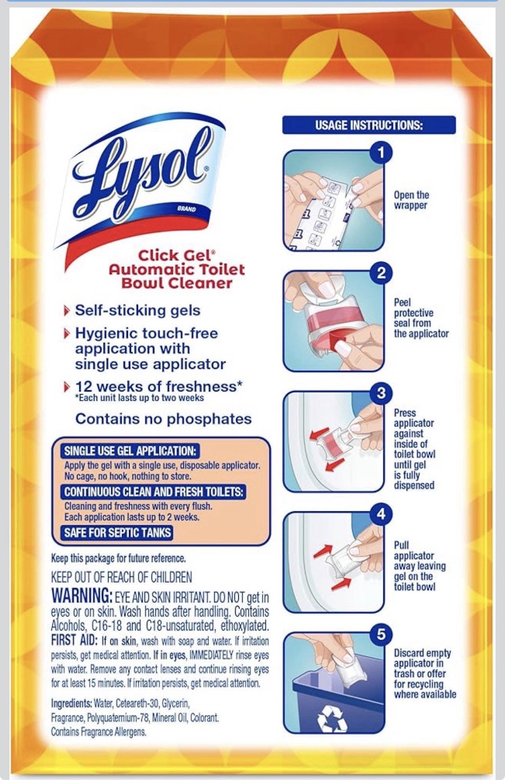Lysol Click Gel Automatic Toilet Bowl Cleaner, Mango & Hibiscus Scent, 6 Count