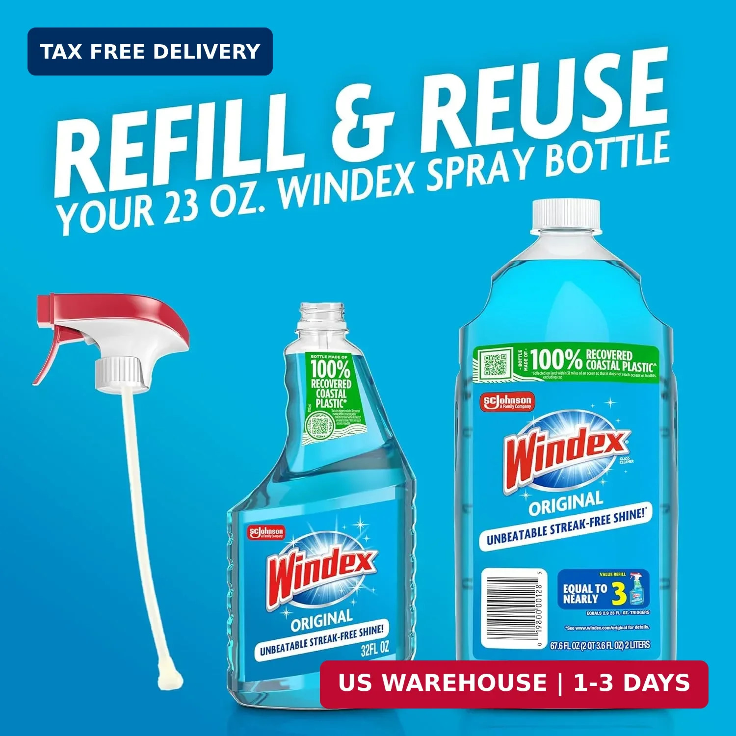 Windex Refill Glass and Window Cleaner Bottle, Bottle Made from 100% Recycled Pl