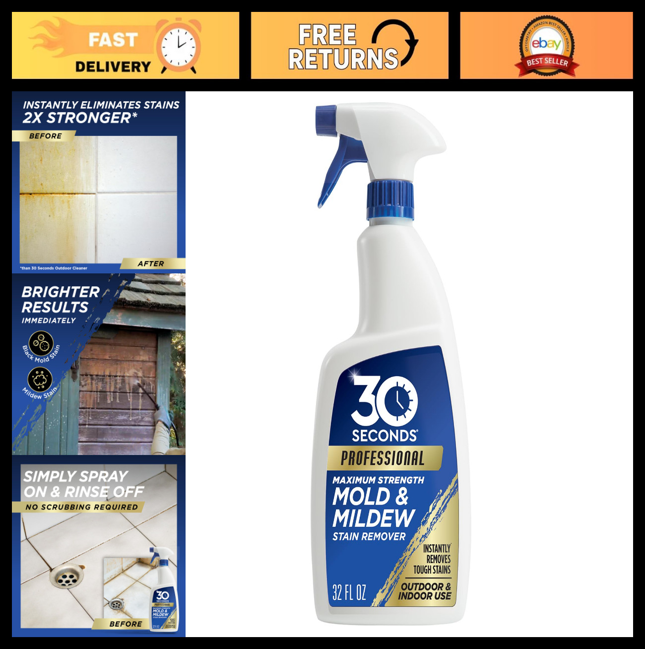 Mold & Mildew Stain Remover Spray | Instant Scrub-Free Cleaner | 32 Fl Oz
