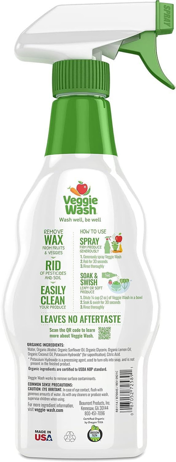 Veggie Wash Organic Fruit and Vegetable Wash, Certified Organic, Ideal for Clean