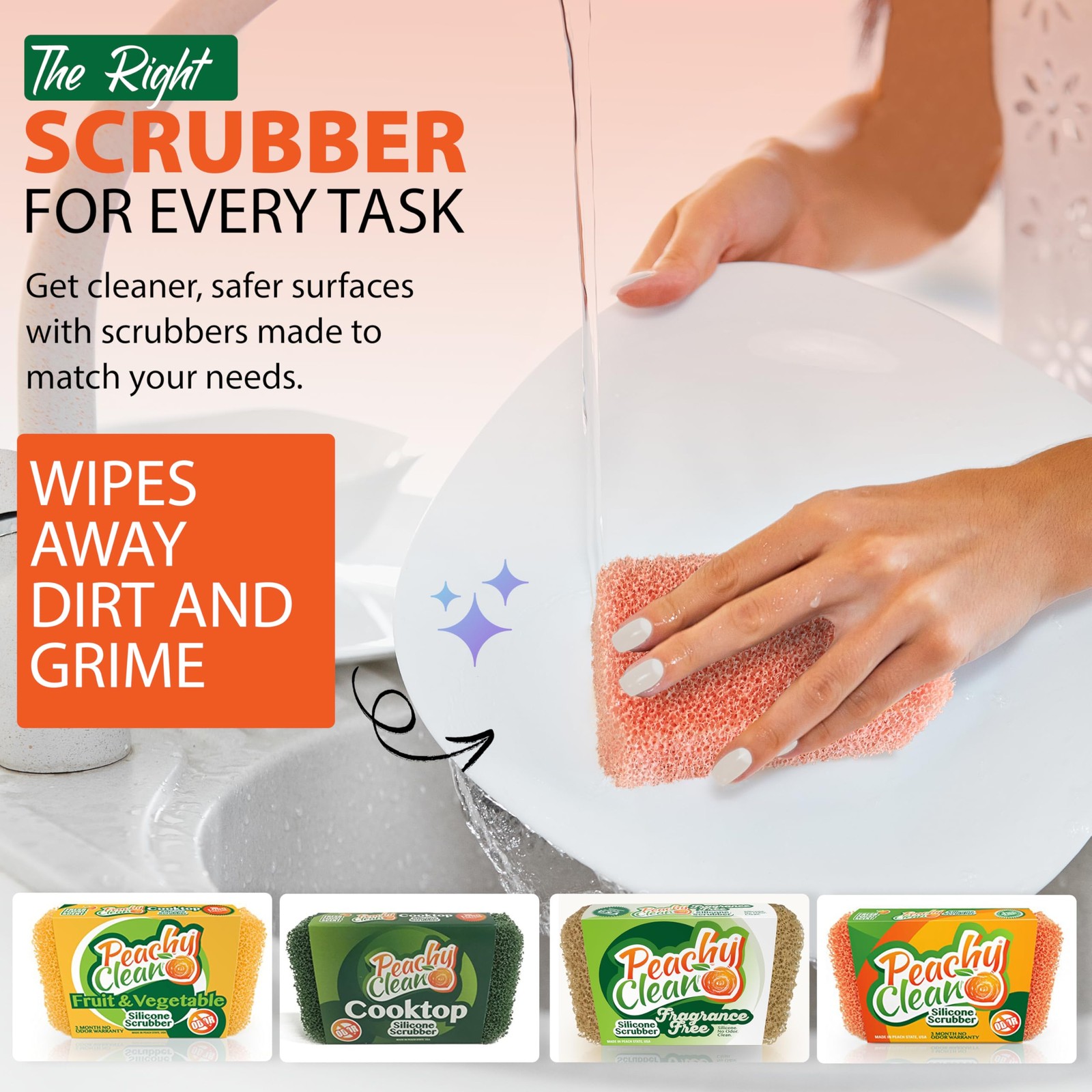 Peachy Clean Silicone Scrubber (Qty 3) – Kitchen and Dish Scrubber (Peach