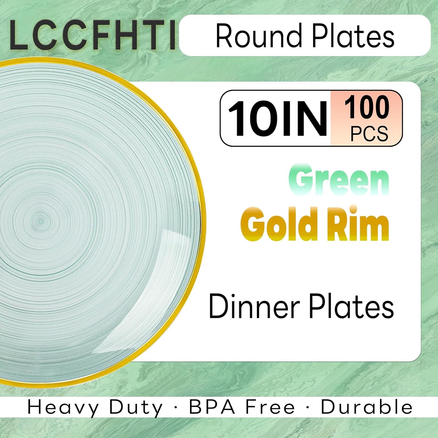 100PCS Transparent Green Gold Plastic Plates, 10 Inch Heavy Duty Disposable Di