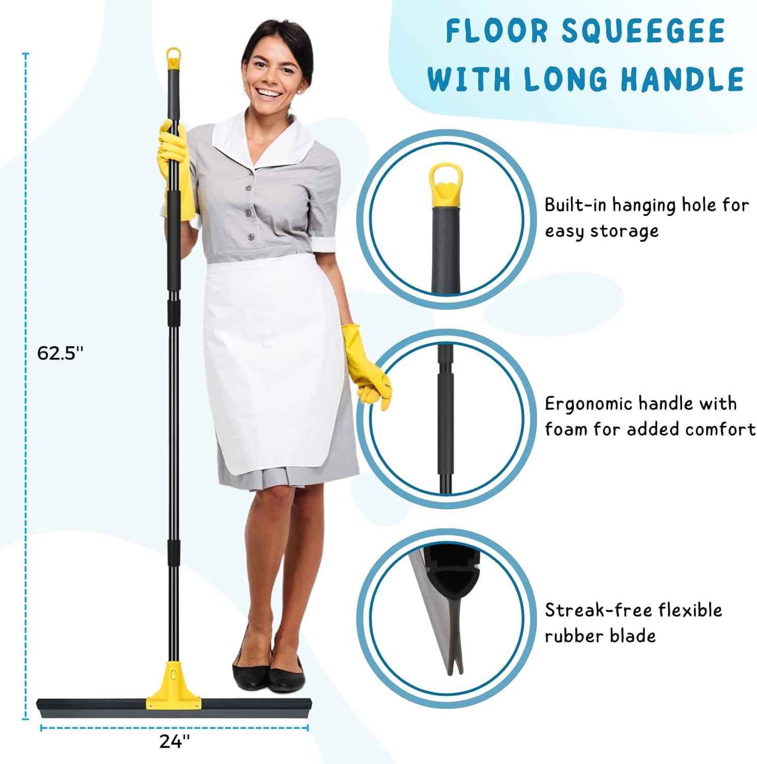 Floor Squeegee for Concrete and Tile Cleaning, 24” Rubber Wiper Broom, Large He