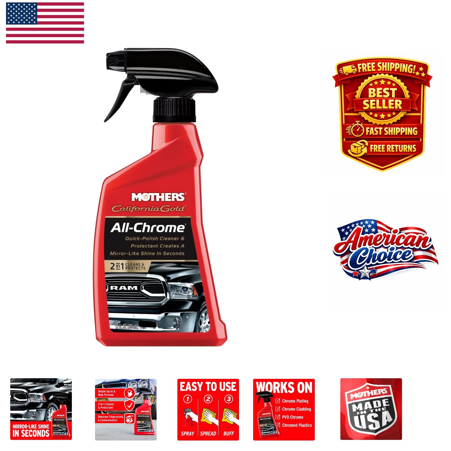 Mothers California Gold All-Chrome Cleaner 12 oz – Cleans, Shines & Protects