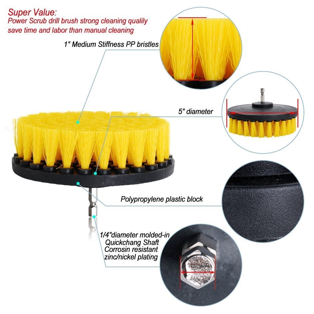 5in 3 Piece Soft, Medium and Stiff Power Scrubbing Brush Drill Attachment for…