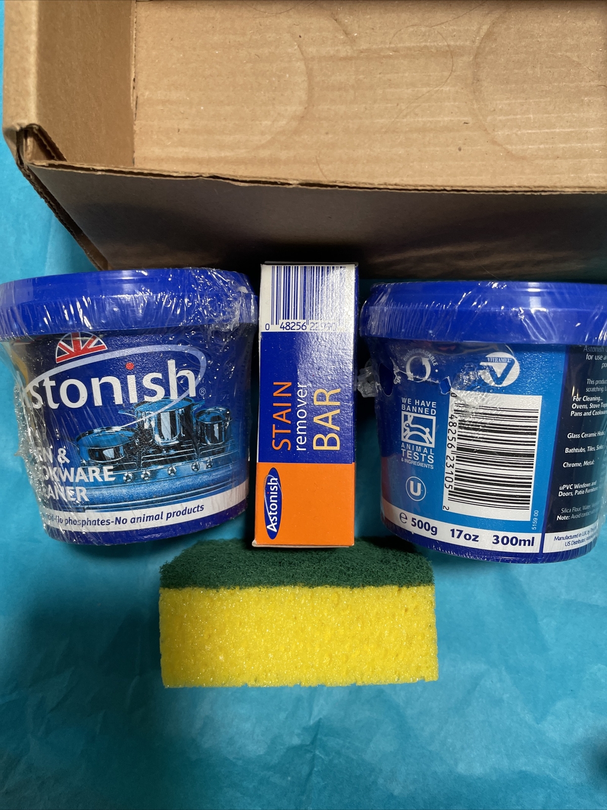2 New Astonish Oven And Cookware Cleaner 17oz +Stain Remover Bar + Scrubber Set