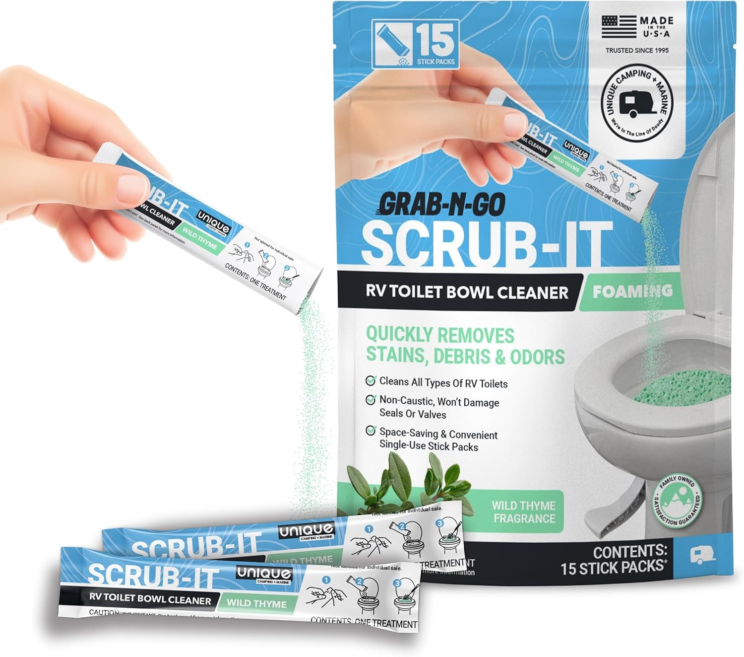 Unique Scrub-It Foaming RV Toilet Cleaner – Wild Thyme Scent, 15 Count Stick Pac