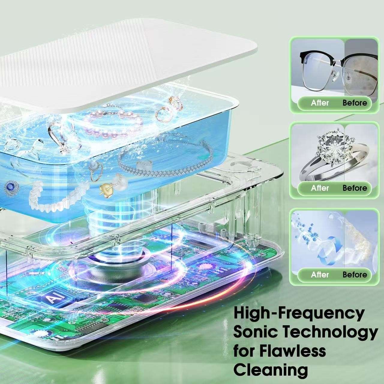 Ultrasonic Cleaner – 50KHz Cleans Jewelry, toothbrush, razors- Super Efficient