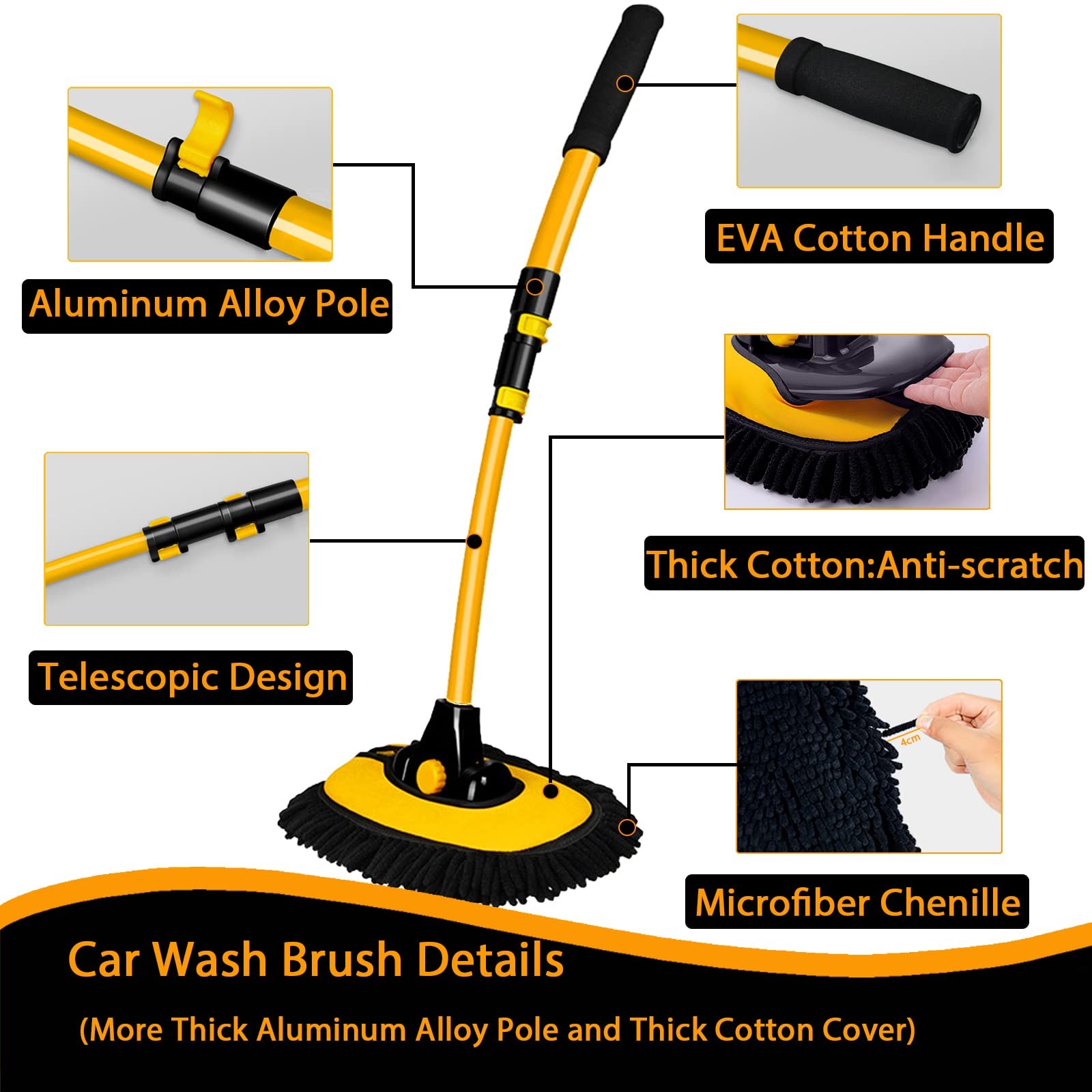 15° Curved Car Cleaning Brush with Telescopic Handle 43″Aluminum Alloy Long Rod