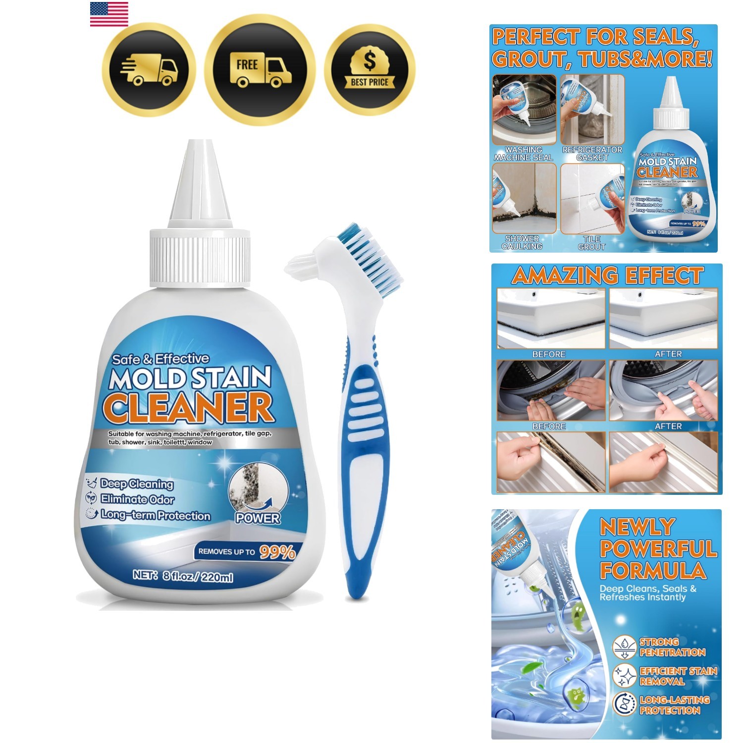 Mold Stain Cleaner Gel, 8 FL oz Heavy-Duty for Washing Machine Gasket, Shower…