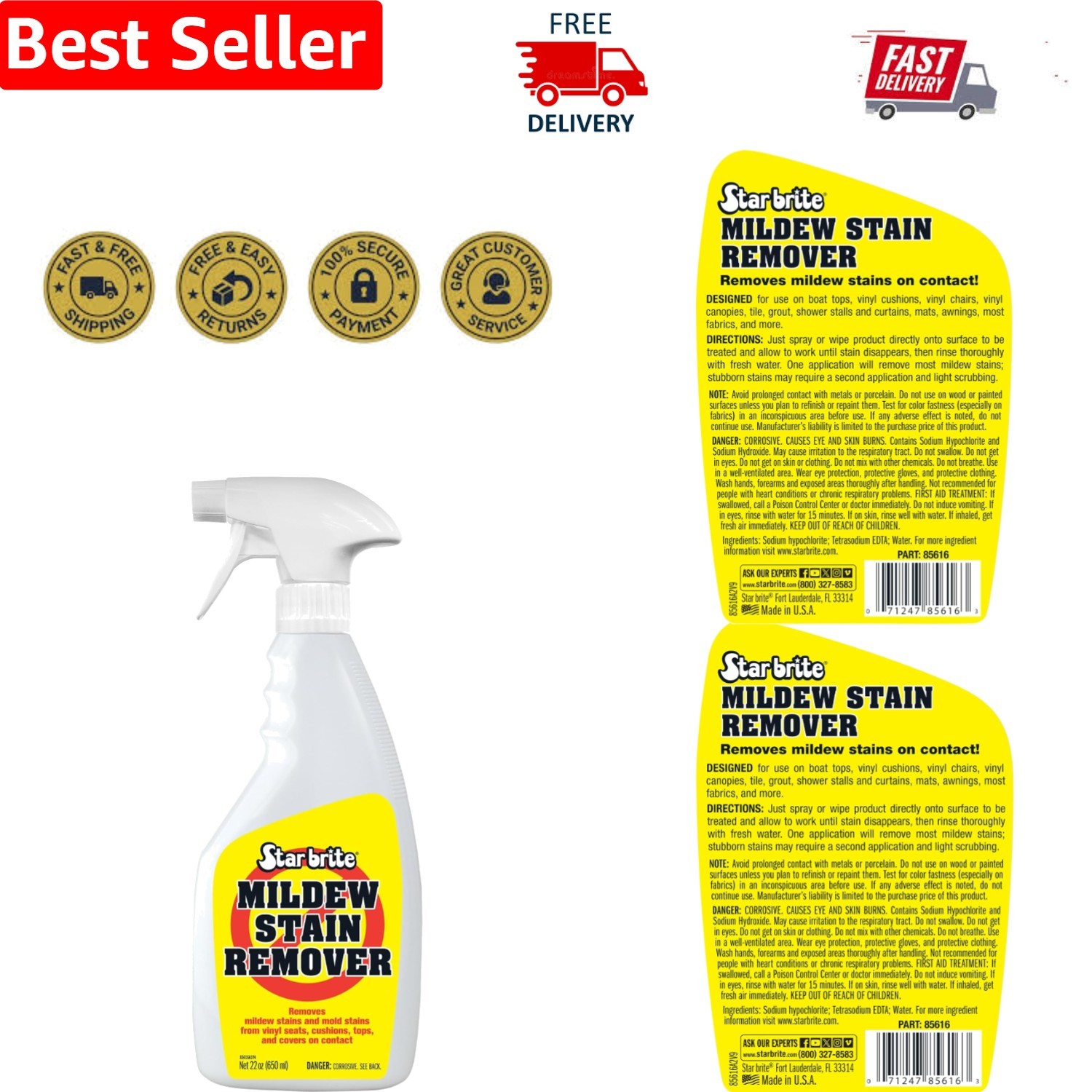 Marine-Tested 22 Oz Mold Stain Remover – Quick Cleaning for Outdoor Upholstery
