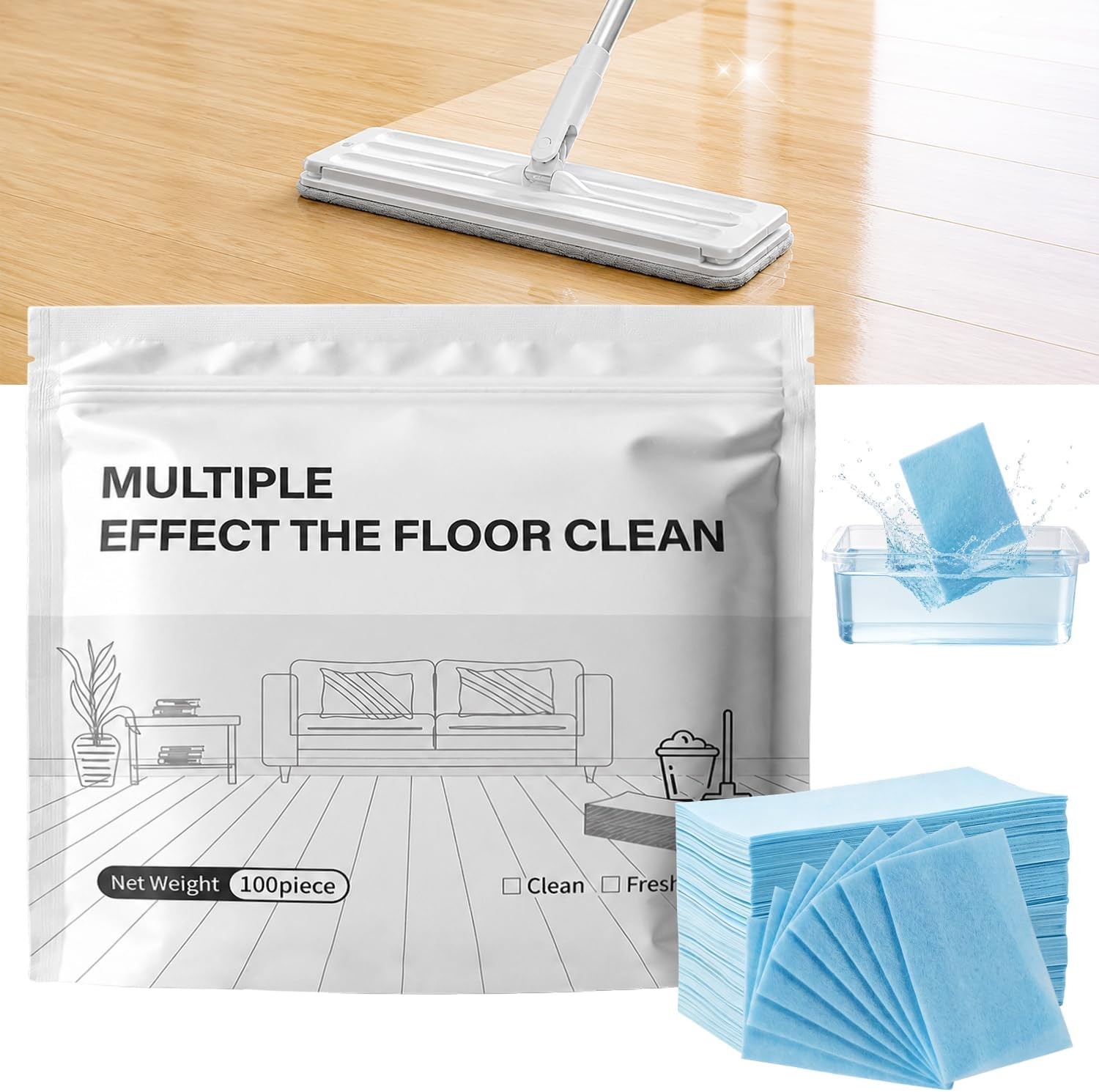 100 Pieces Multi-Effect Floor Clean Tablets, Water-Soluble Floor Cleaning Sheets