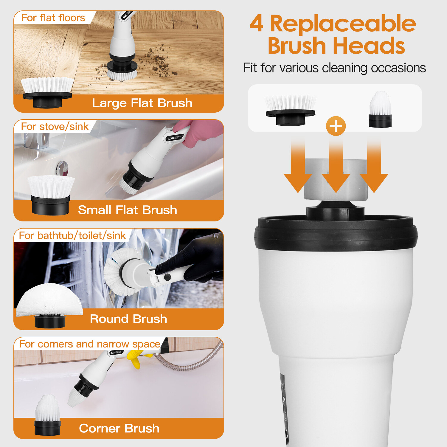 Cordless Electric Spin Scrubber 4 Replacement Head for Bathroom Kitchen Cleaning