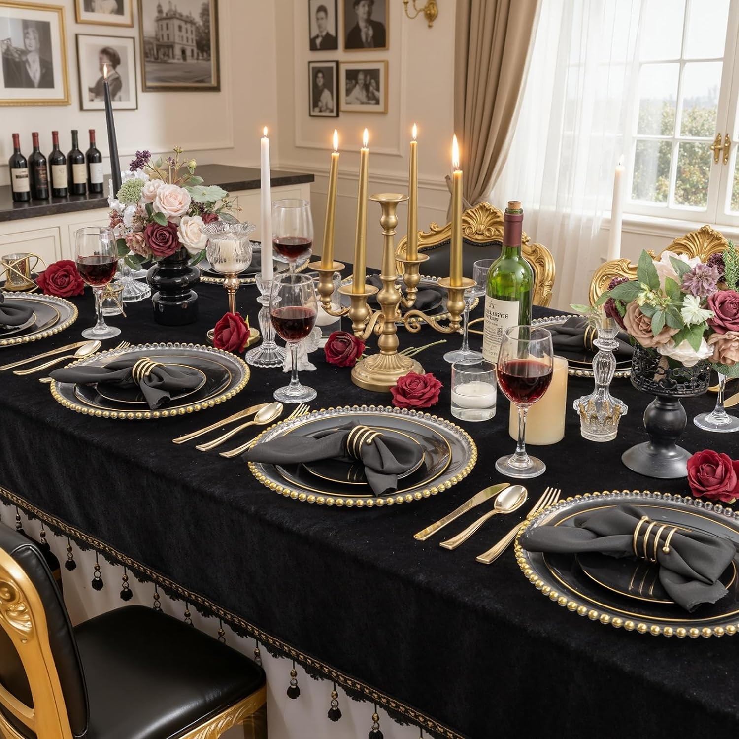 KIRE 350 PCS Plastic Dinnerware Set for 50 Guests – Black and Gold Plates 50 f