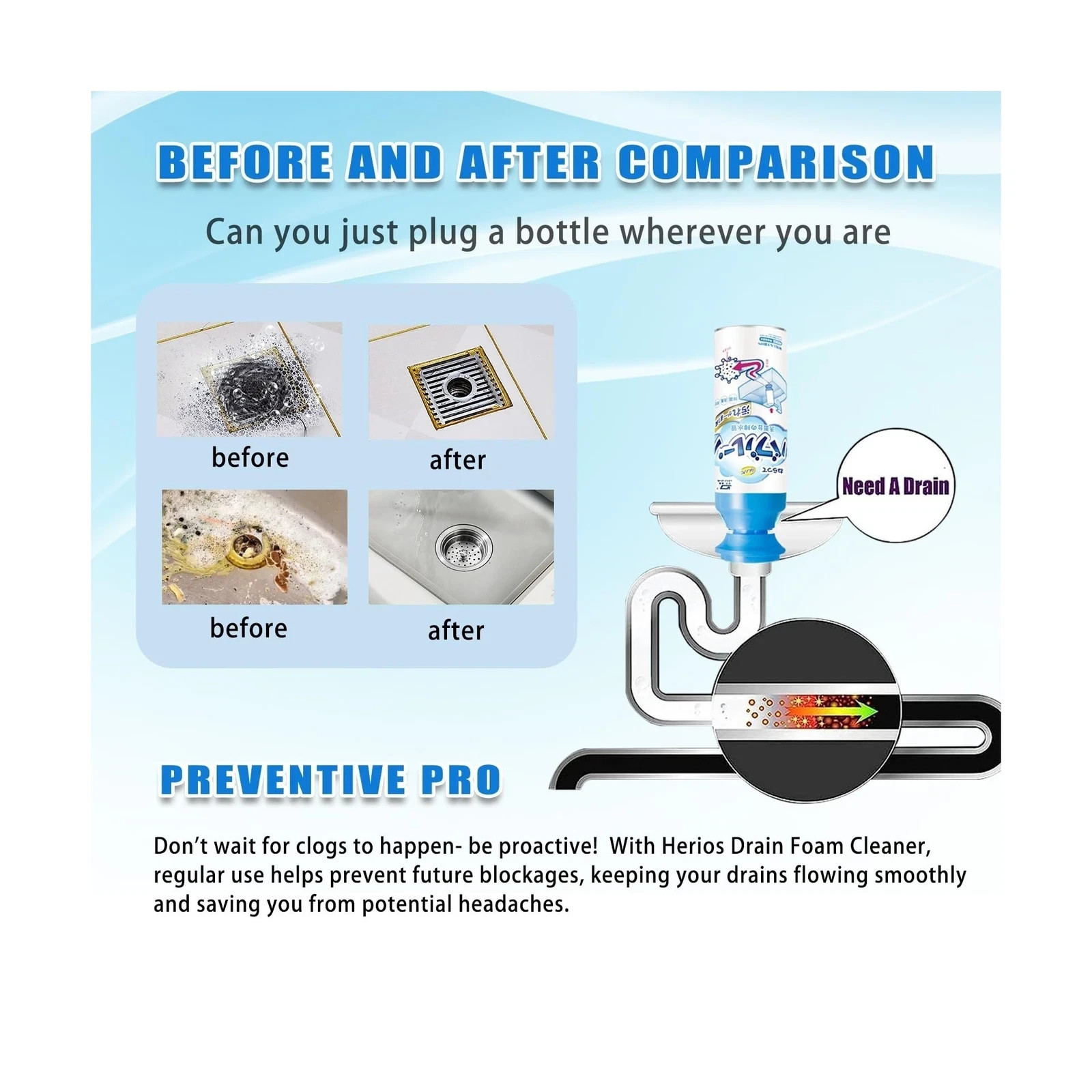 Herios Drain Foam Cleaner for Drains Sinks Tubs Powerful Foaming Sink New Large