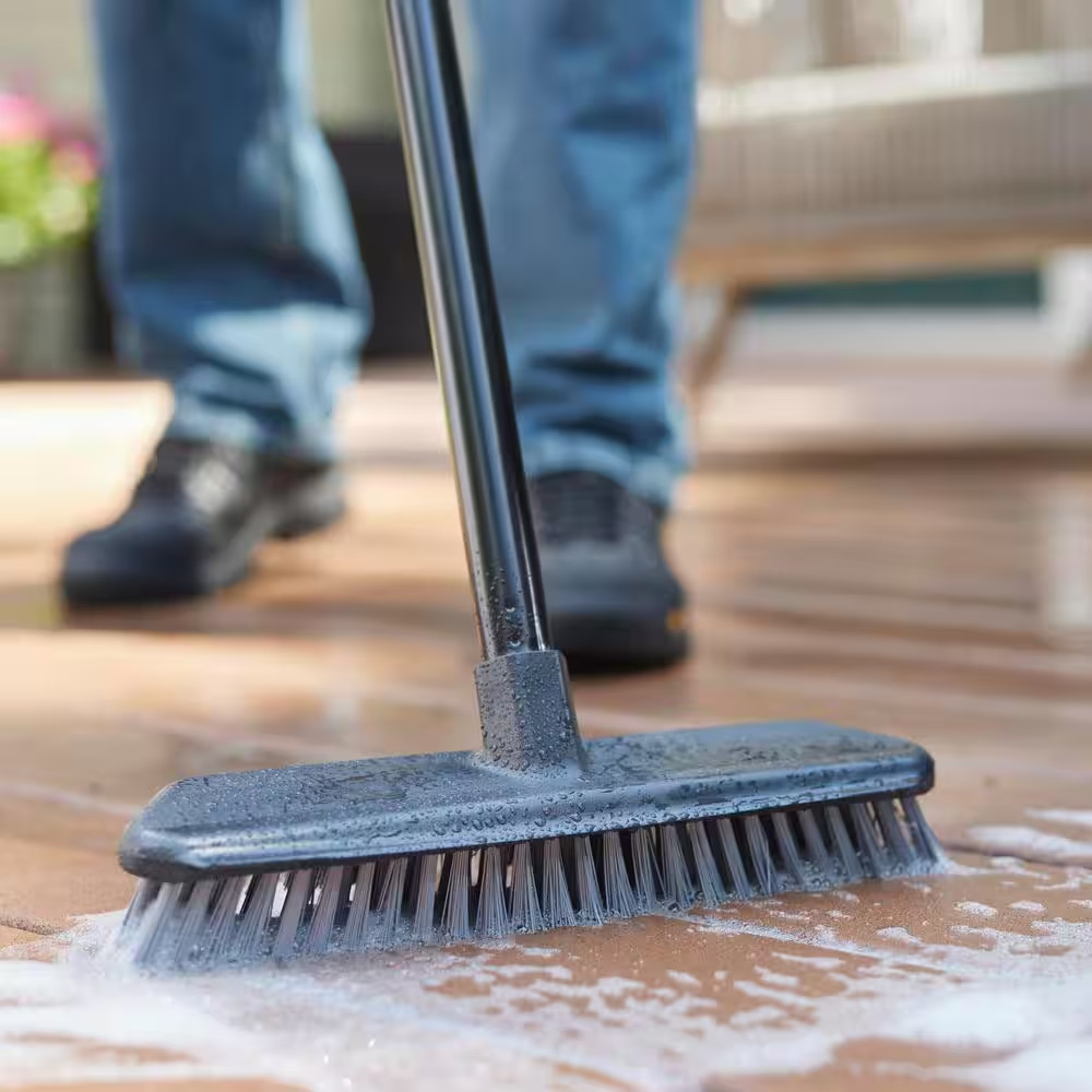 12 In. Plastic Deck Scrub Brush with 50 In. Handle (1-Pack)