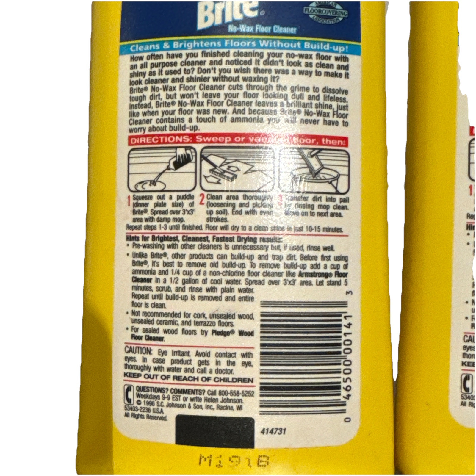 TWO Vintage 1990’s Brite Floor Cleaner 16 oz SC Johnson Wax For No Wax Floors