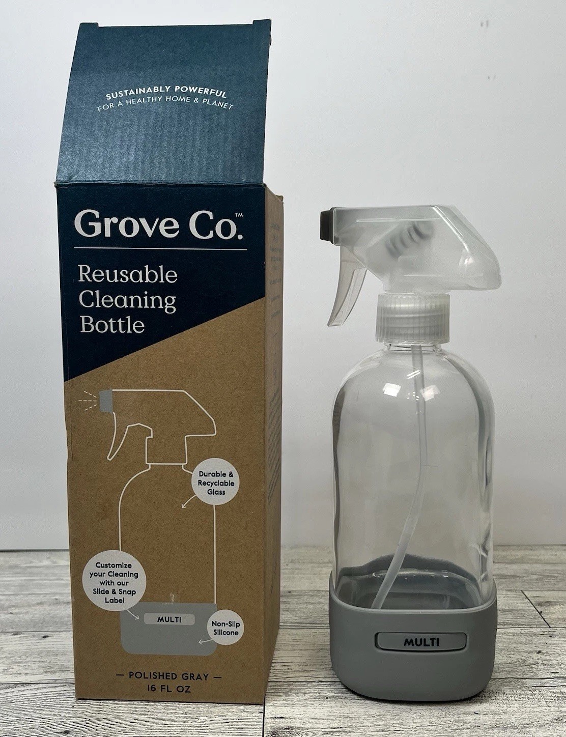 Grove Co. Reusable Glass Cleaning Bottle Polished Gray Silicone Sleeve 16 oz NIB