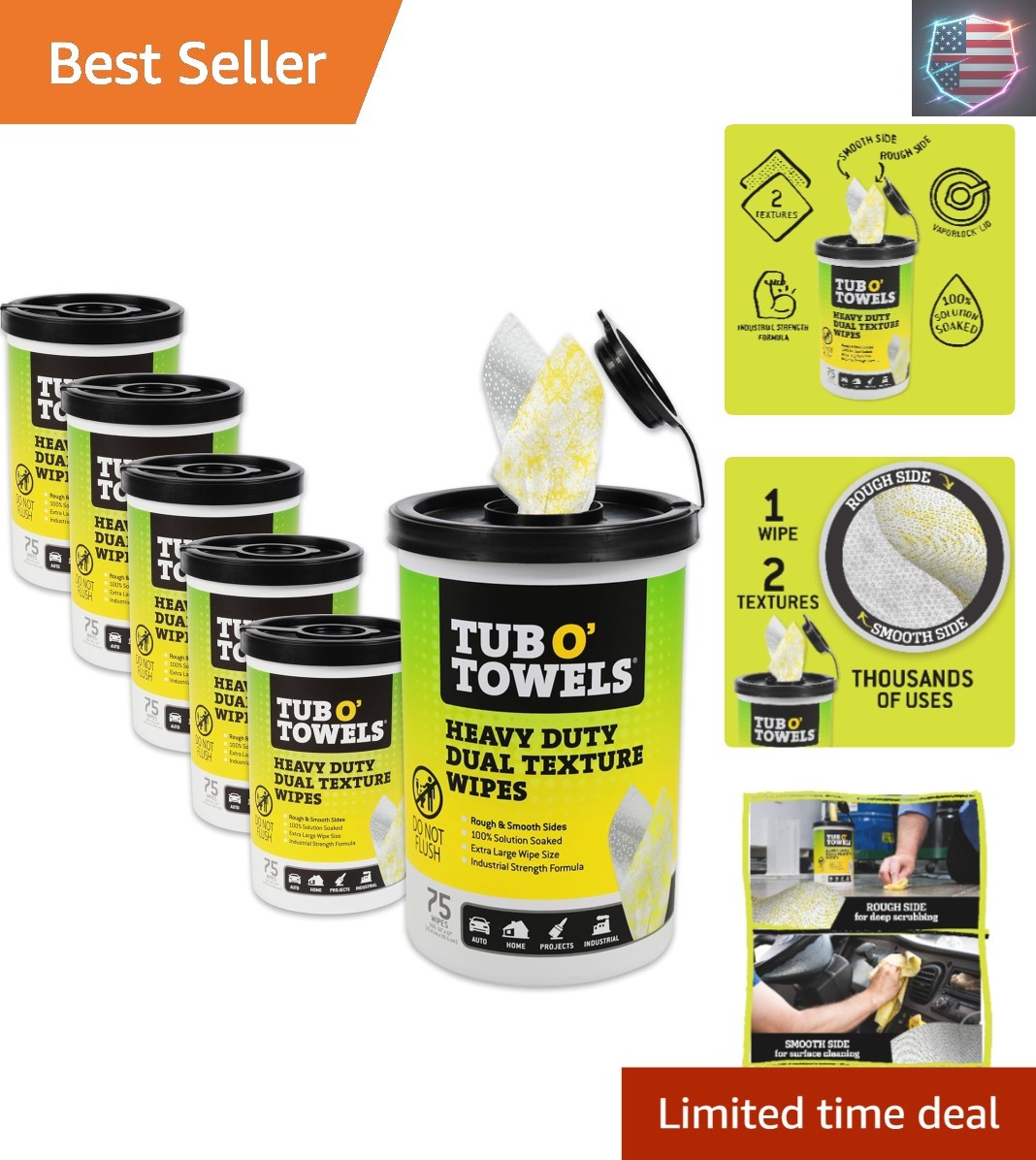 Tub O’ Towels TW75 Heavy-Duty 10″ x 12″ Size Multi-Surface Cleaning Wipes, Du…