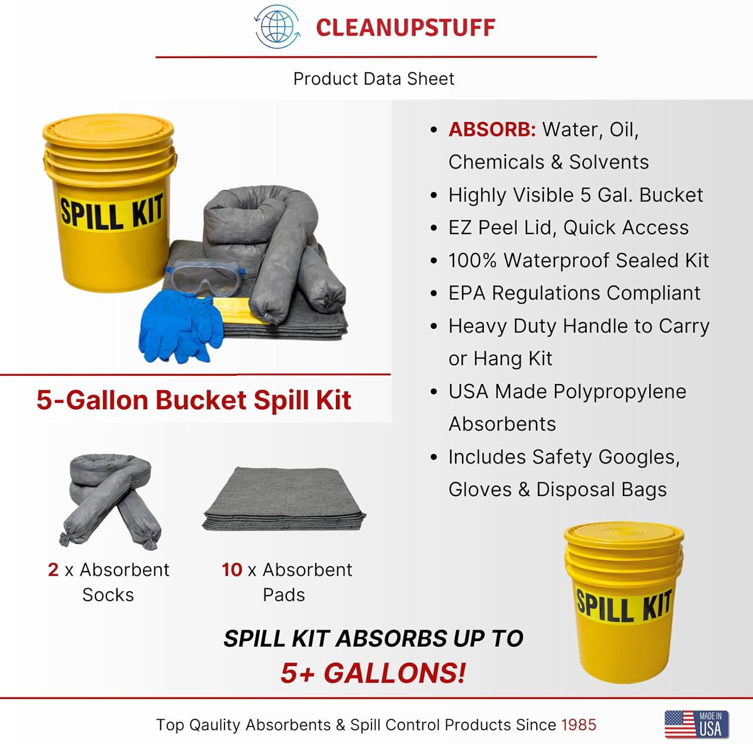Original Bucket Spill Kit – Universal Absorbents & 5-Gallon Yellow Bucket – Spil
