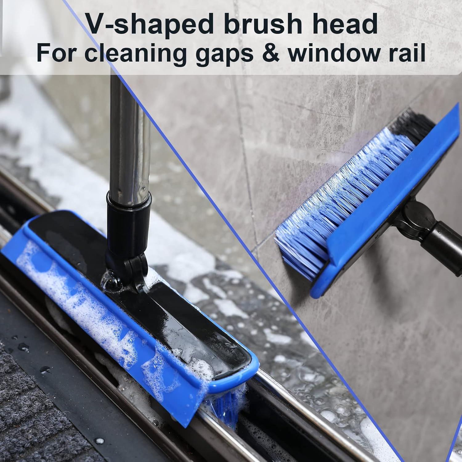 Grout Cleaner Brush with Long Handle, V-Shaped Floor Scrub Brush Swivel Grout Br