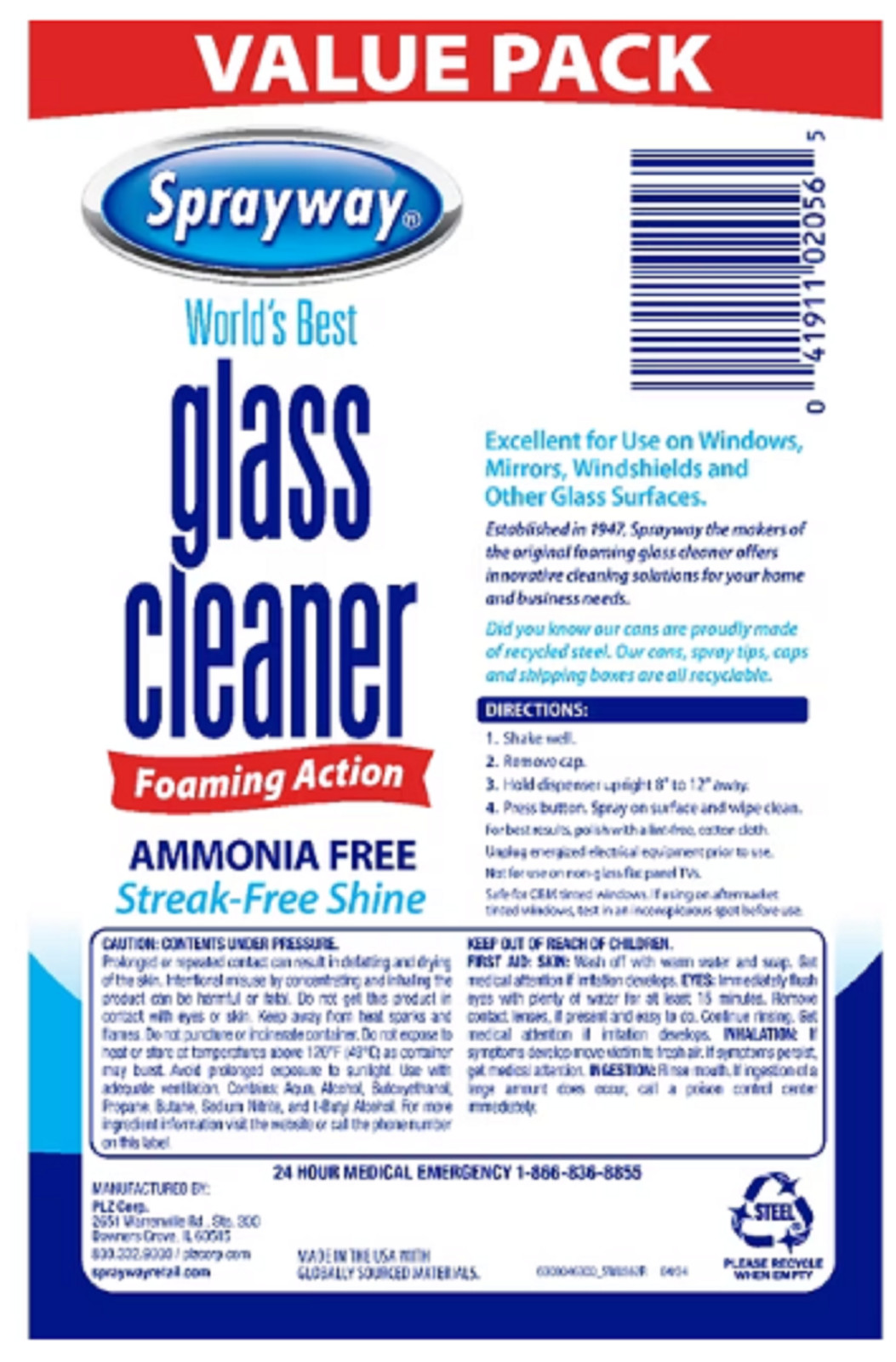 Sprayway Glass Cleaner Foaming Aerosol Spray, 19 oz, 2-Pack, Ammonia-Free, Strea