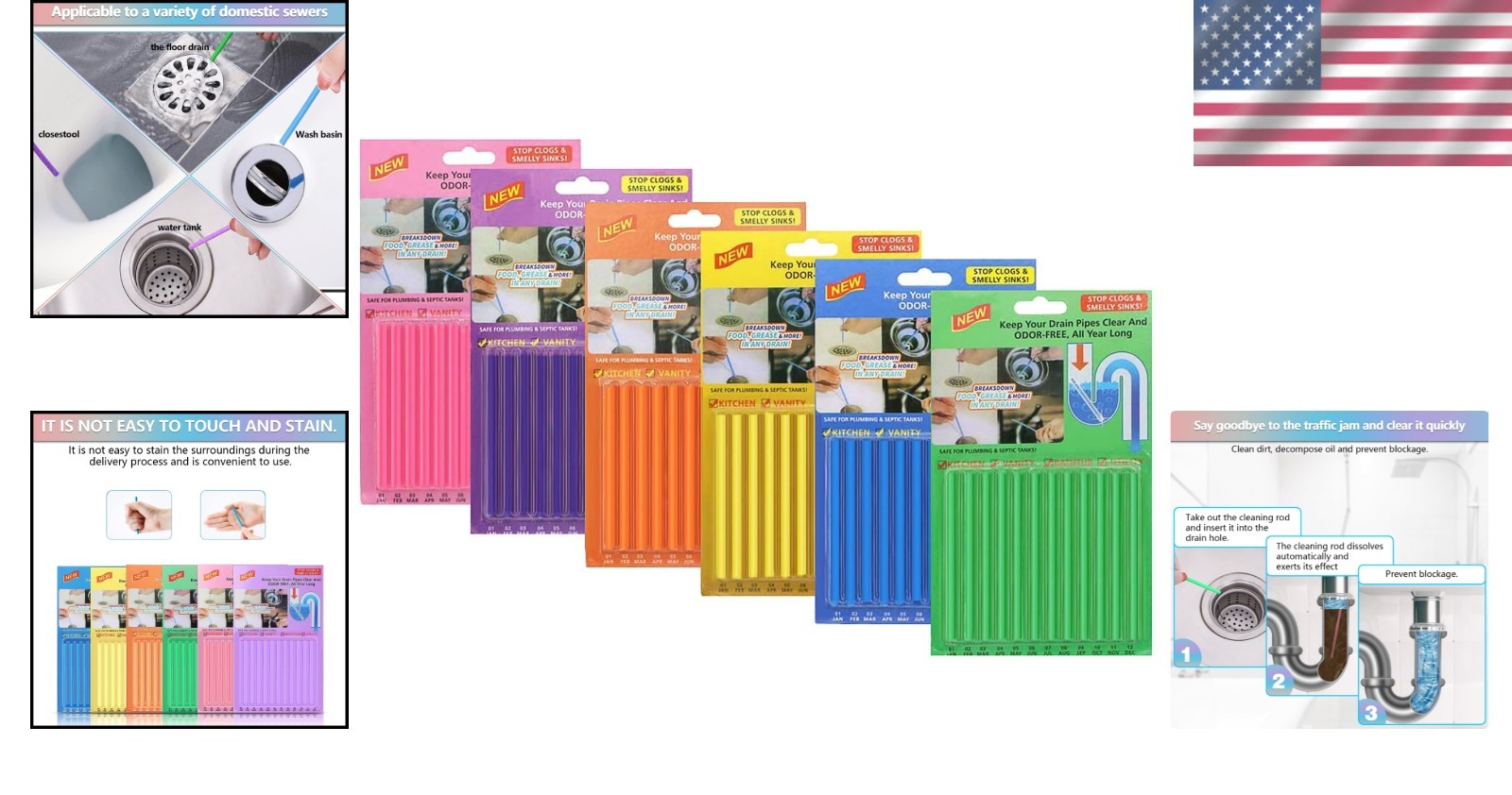 72Pcs Drain Cleaner Deodorizer Sticks Enzyme Sink Cleaner for Kitchen Bathroom
