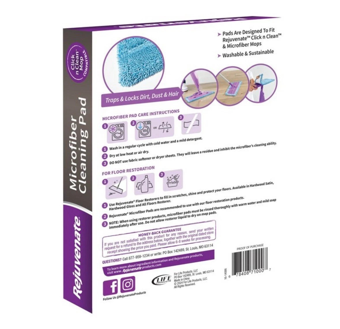 Rejuvenate Click N Clean Microfiber Washable & Reusable Mop Cleaning Pad Refill