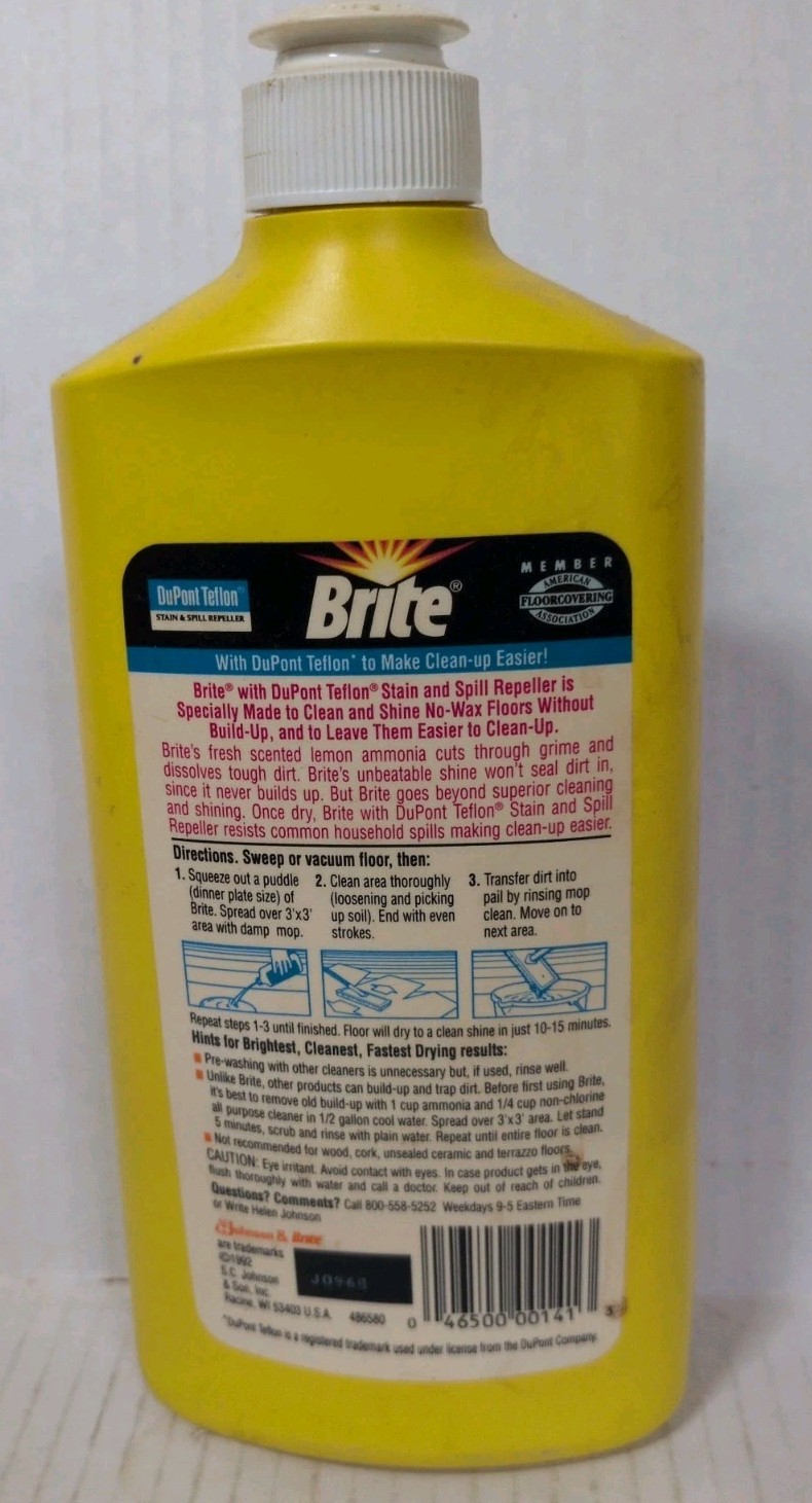 Vintage Brite No Wax Floor Cleaner SC Johnson 16 Oz 1992 DuPont Teflon Prop 70%