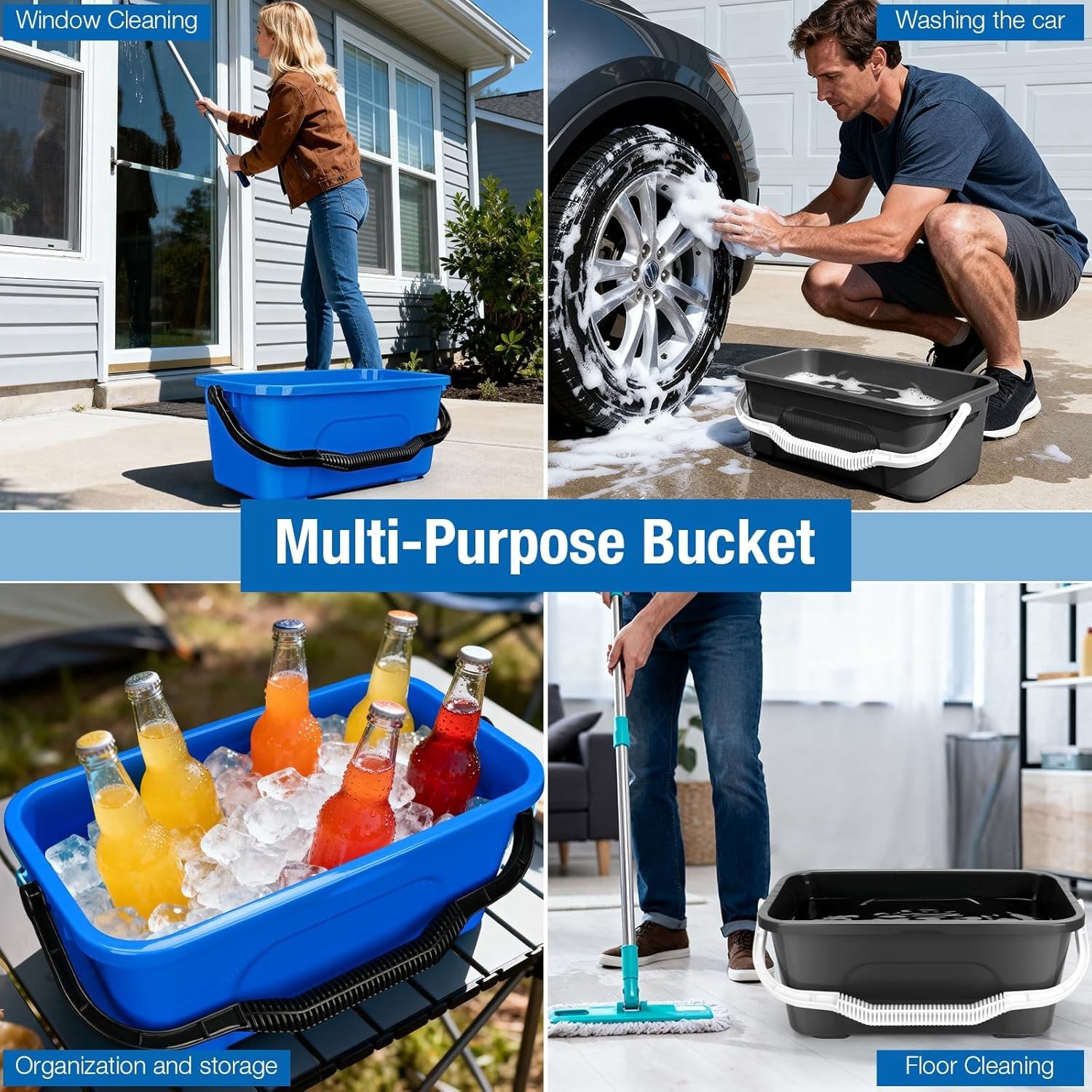 Compact 3 Gallon Plastic Cleaning Bucket with Ergonomic Handle – Blue & Grey
