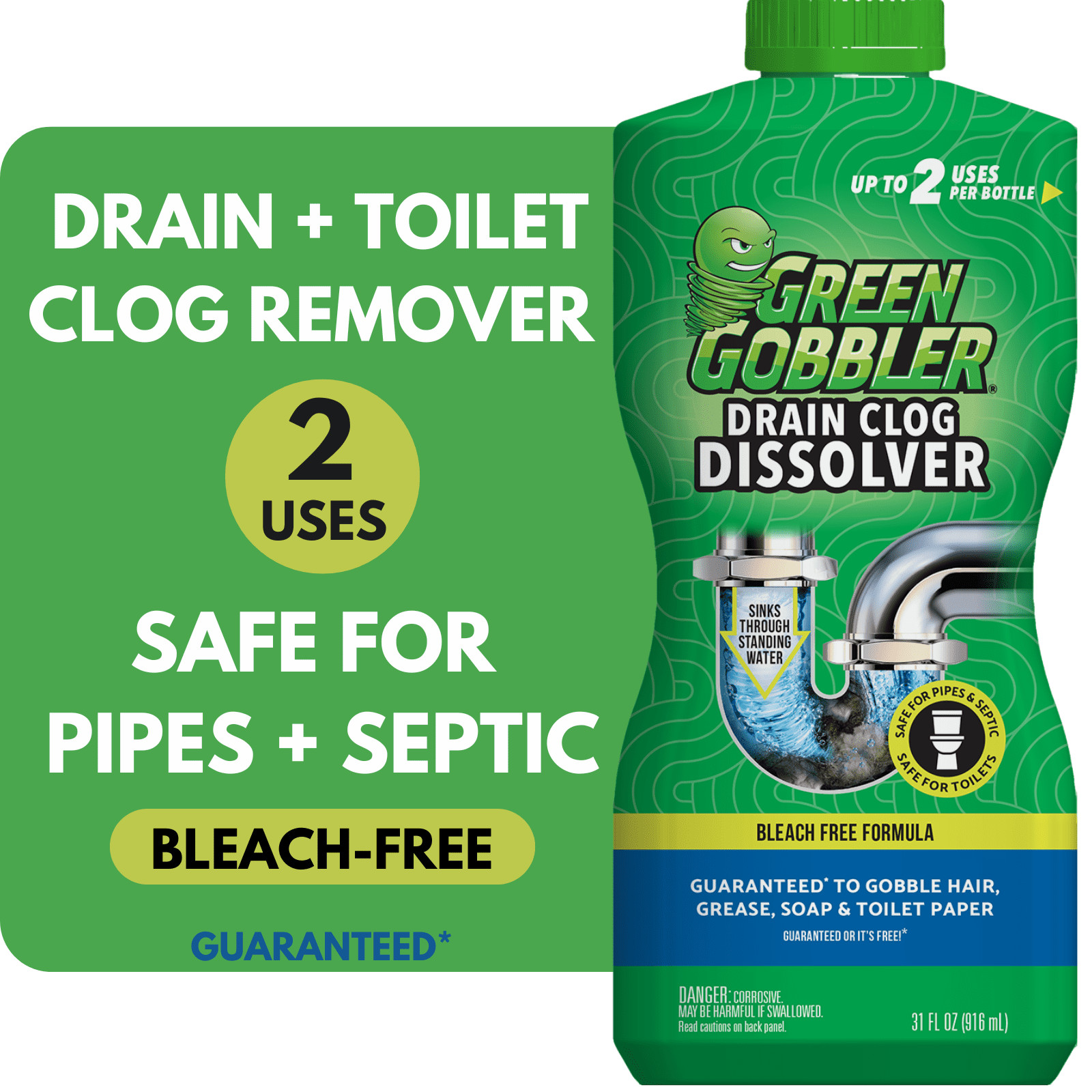 Green Gobbler Drain Clog Remover and Cleaner, Septic-Safe, Bleach-Free