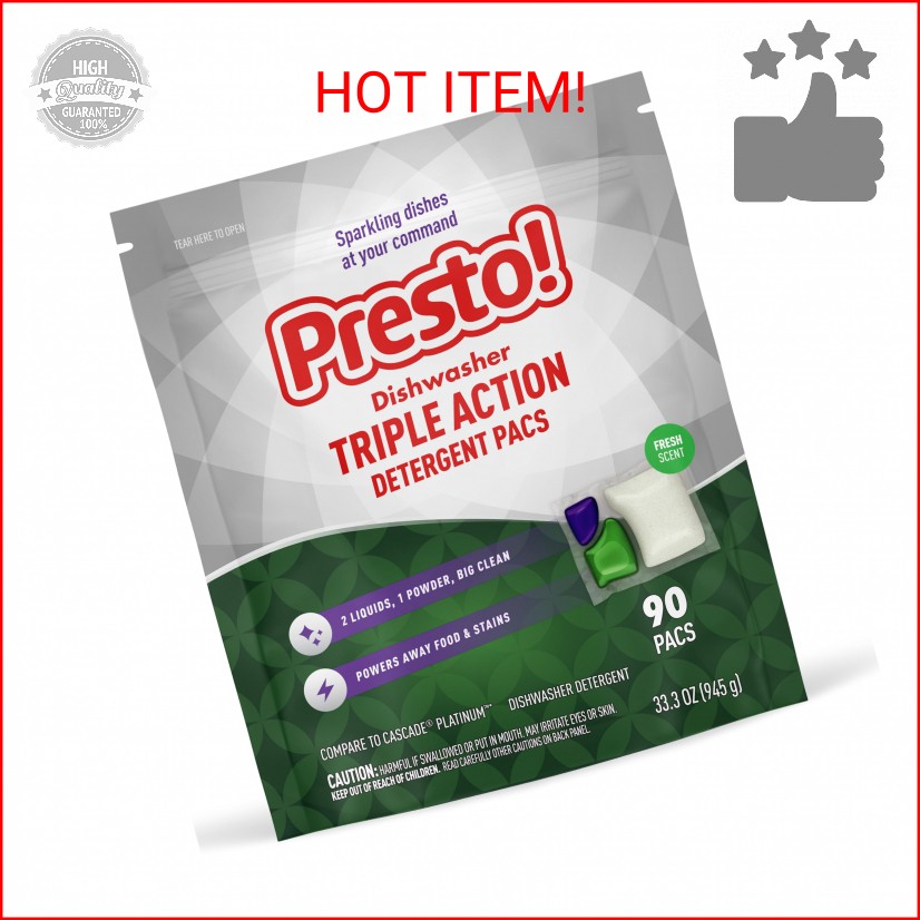 Amazon Brand – Presto! Triple Action Dishwasher Pacs, Fresh Scent, 90 Count
