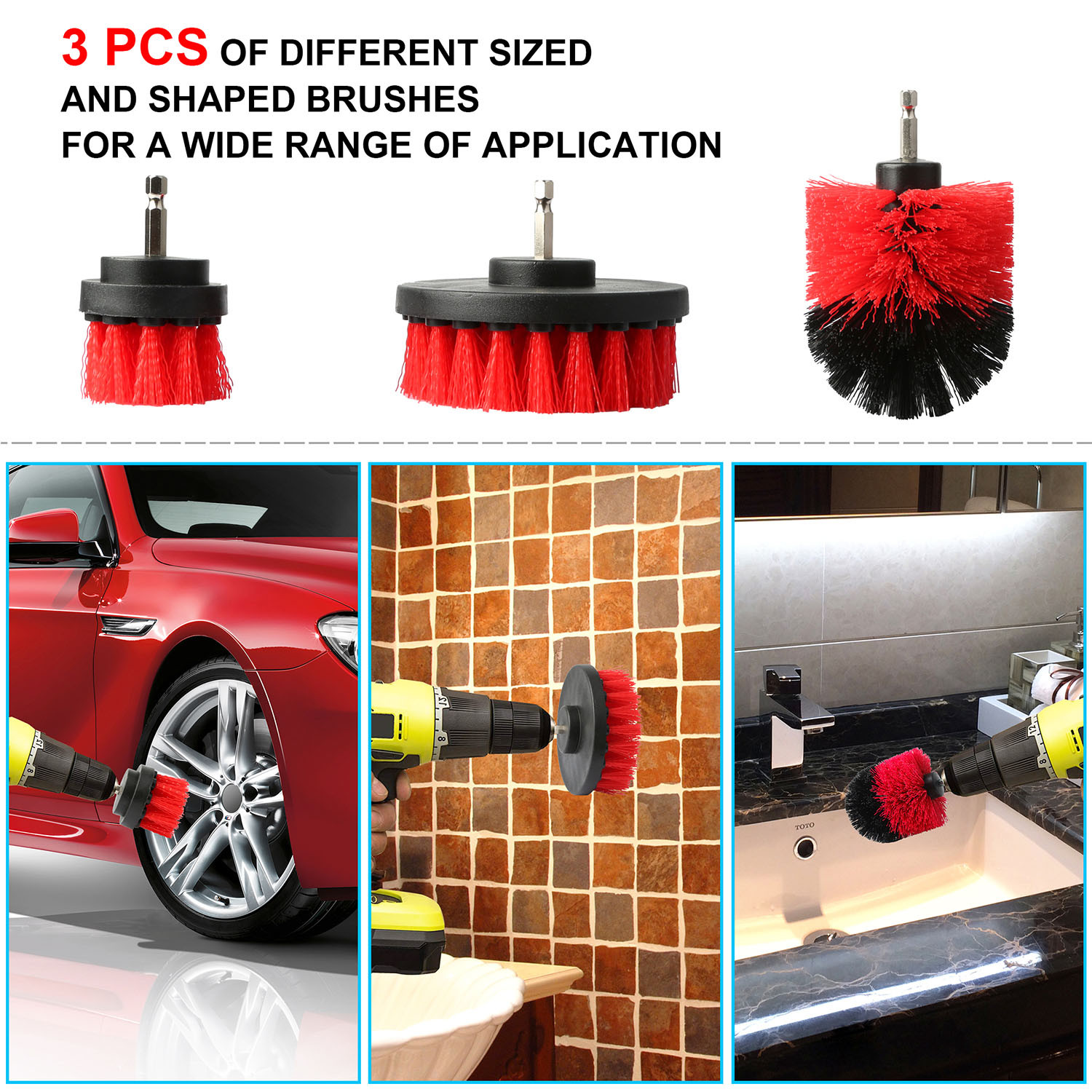 3Pc Tile Grout Drill Brush Power Scrub Cleaning Tub Cleaner Attachment Kit 3Size