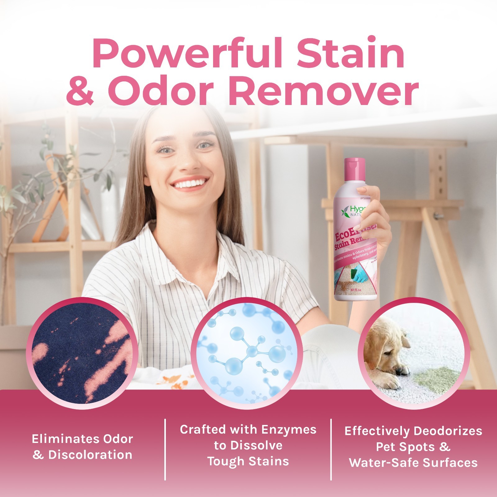 Hygea Natural EcoEraser, Stain and Odor remover 32oz, Non Toxic Ingredients