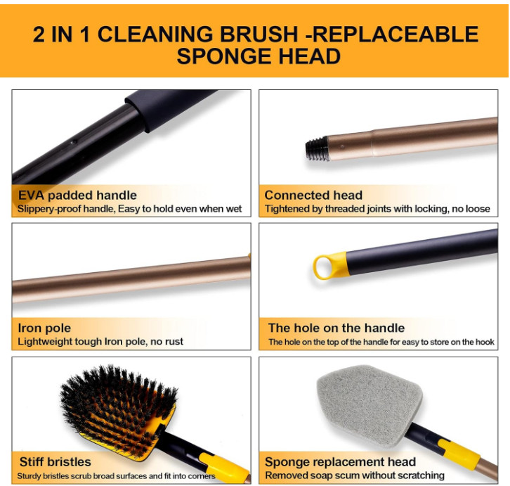 2-in-1 Tub Tile Scrubber Brush with Telescopic Pole & Pads for Bathroom, Sink