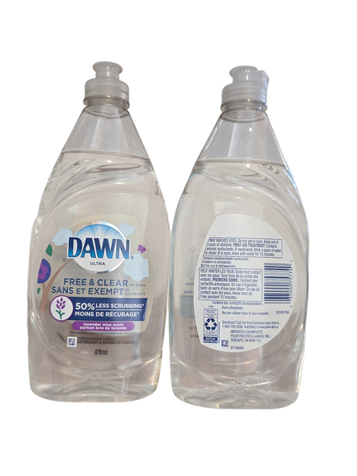 2 Dawn FREE & CLEAR Dishwashing Liquid Dish Soap 479 ml Lavender Wisp Scent