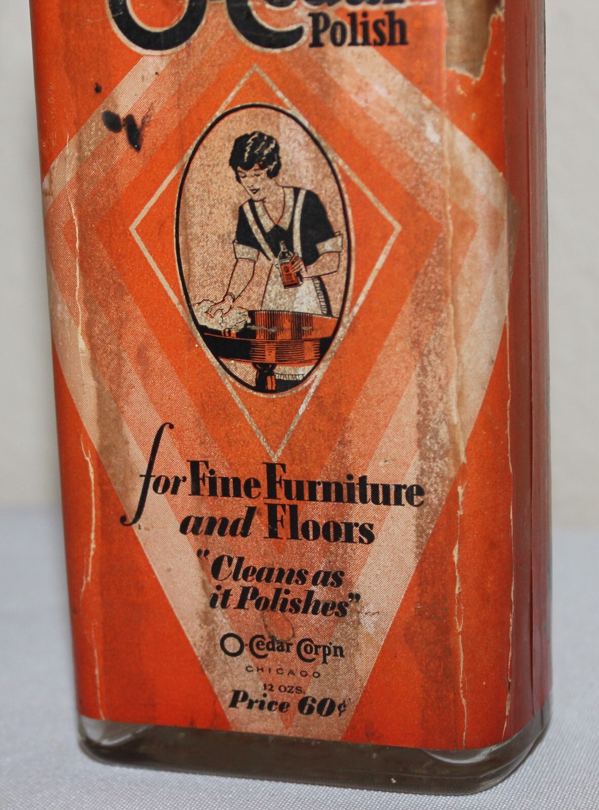 Antique O-CEDAR Polish Glass Bottle Paper Lable Wood Stopper Cap Advertising